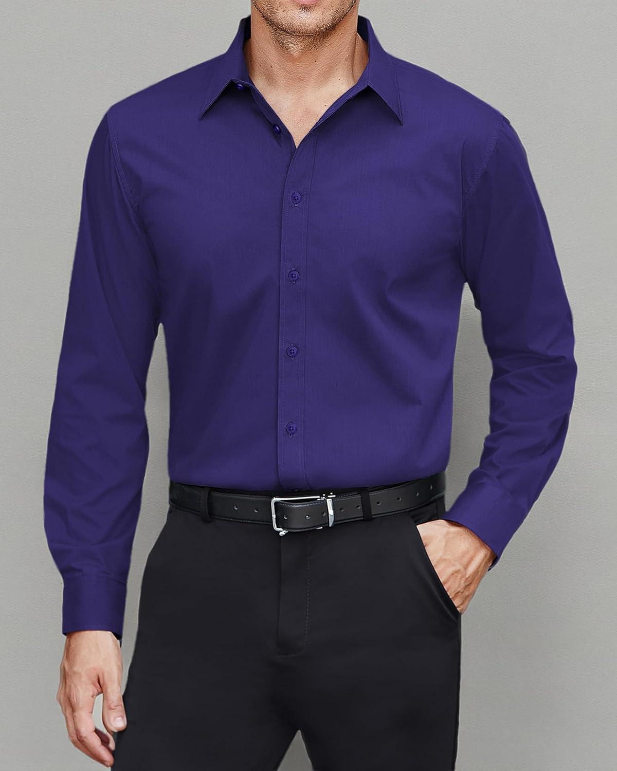 imageJVER Mens Dress Shirts Stretch Stain Shield Long Sleeve Solid Formal Shirt Business Casual Button Down ShirtsDark Purple
