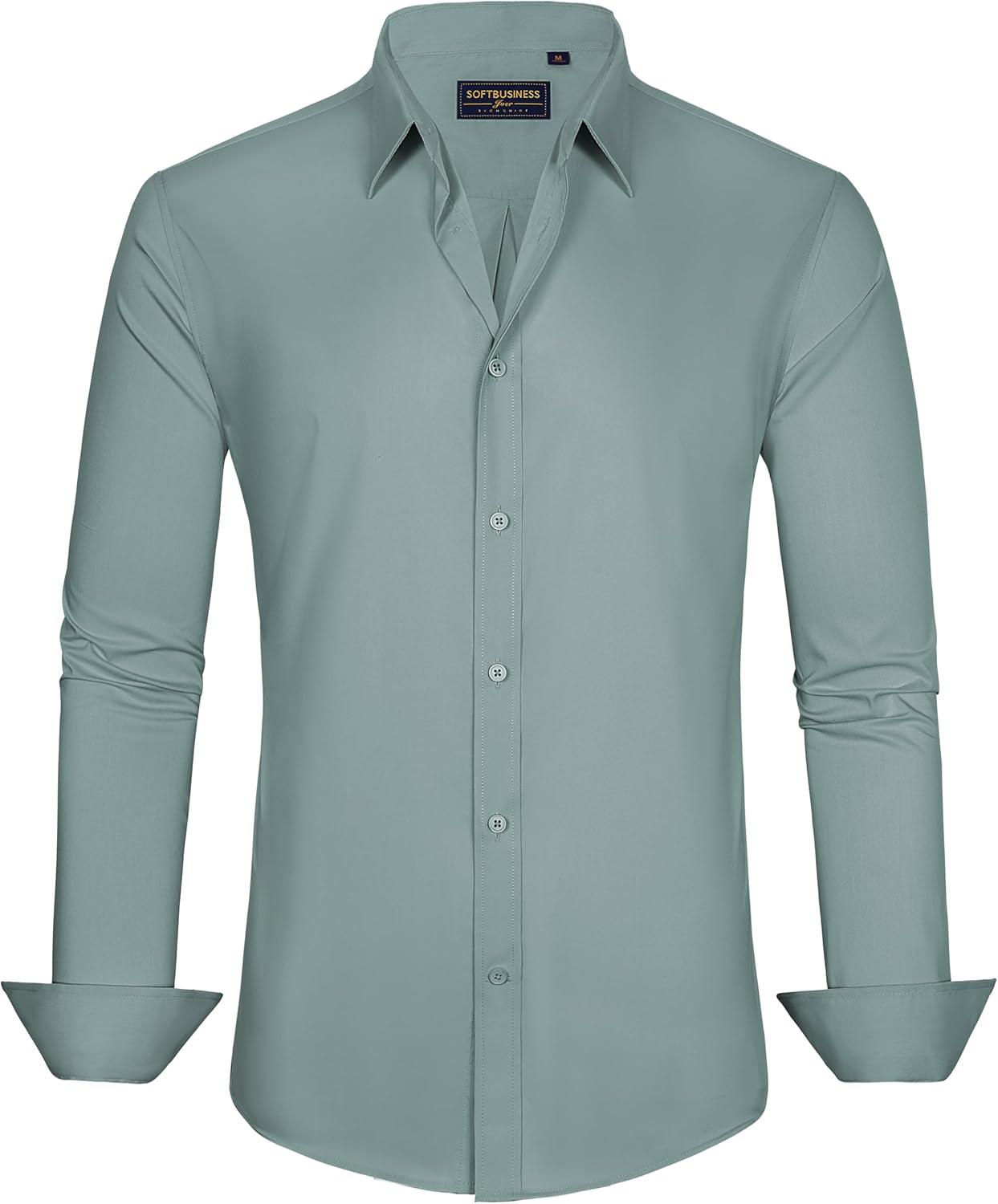 imageJVER Mens Dress Shirts Stretch Stain Shield Long Sleeve Solid Formal Shirt Business Casual Button Down ShirtsGrayish Green