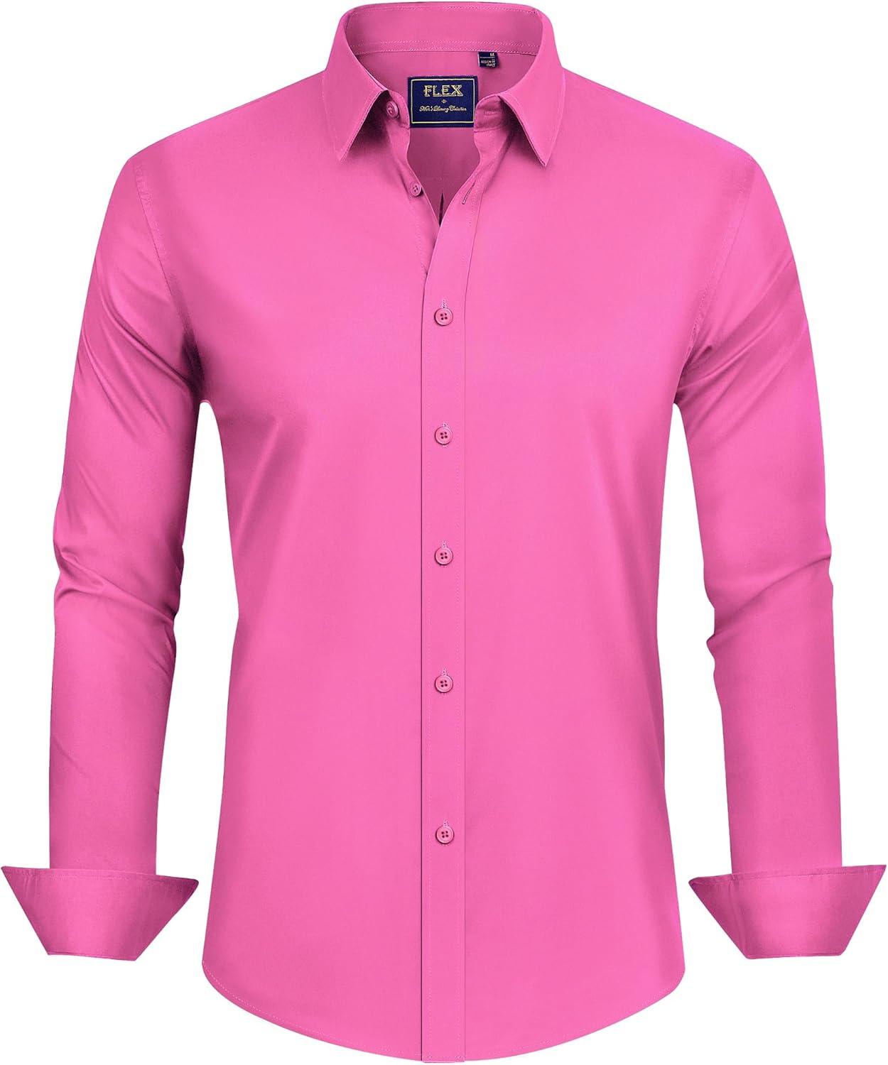 imageJVER Mens Dress Shirts Stretch Stain Shield Long Sleeve Solid Formal Shirt Business Casual Button Down ShirtsHot Pink