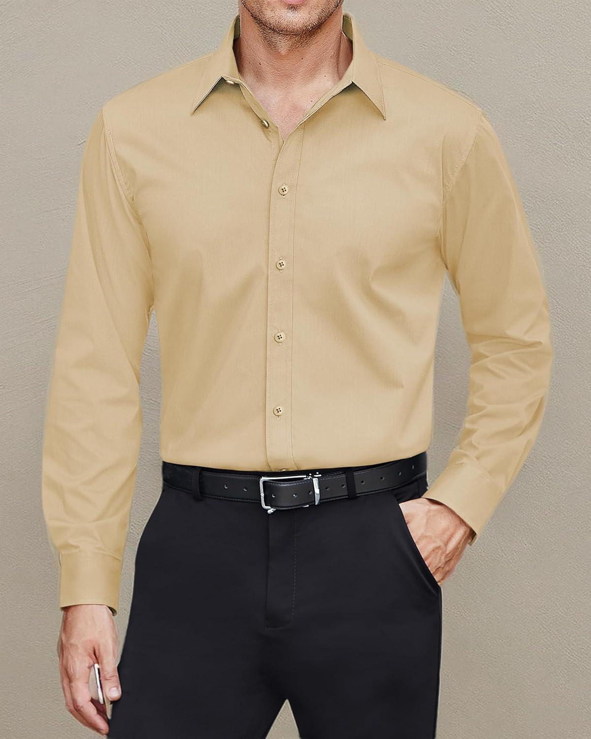 imageJVER Mens Dress Shirts Stretch Stain Shield Long Sleeve Solid Formal Shirt Business Casual Button Down ShirtsKhaki