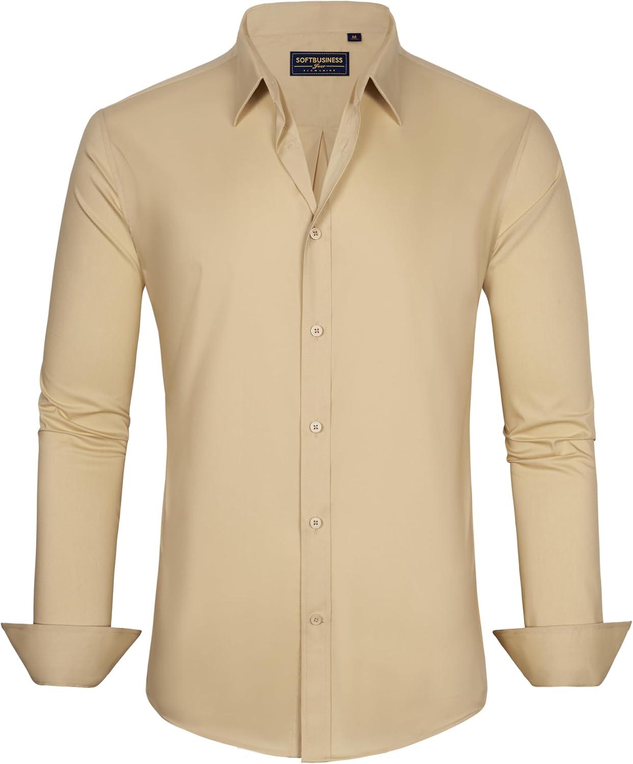 imageJVER Mens Dress Shirts Stretch Stain Shield Long Sleeve Solid Formal Shirt Business Casual Button Down ShirtsKhaki