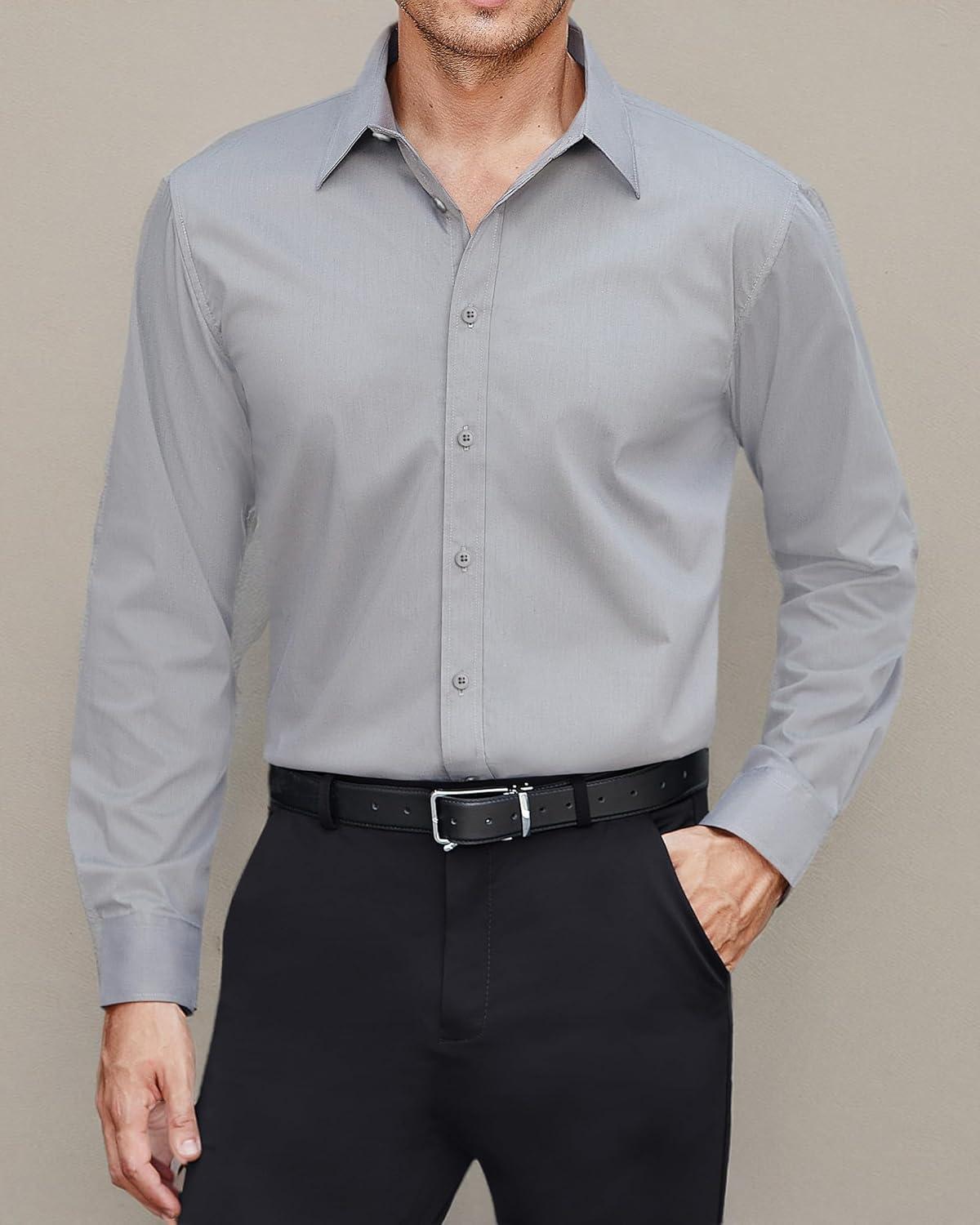 imageJVER Mens Dress Shirts Stretch Stain Shield Long Sleeve Solid Formal Shirt Business Casual Button Down ShirtsLight Grey
