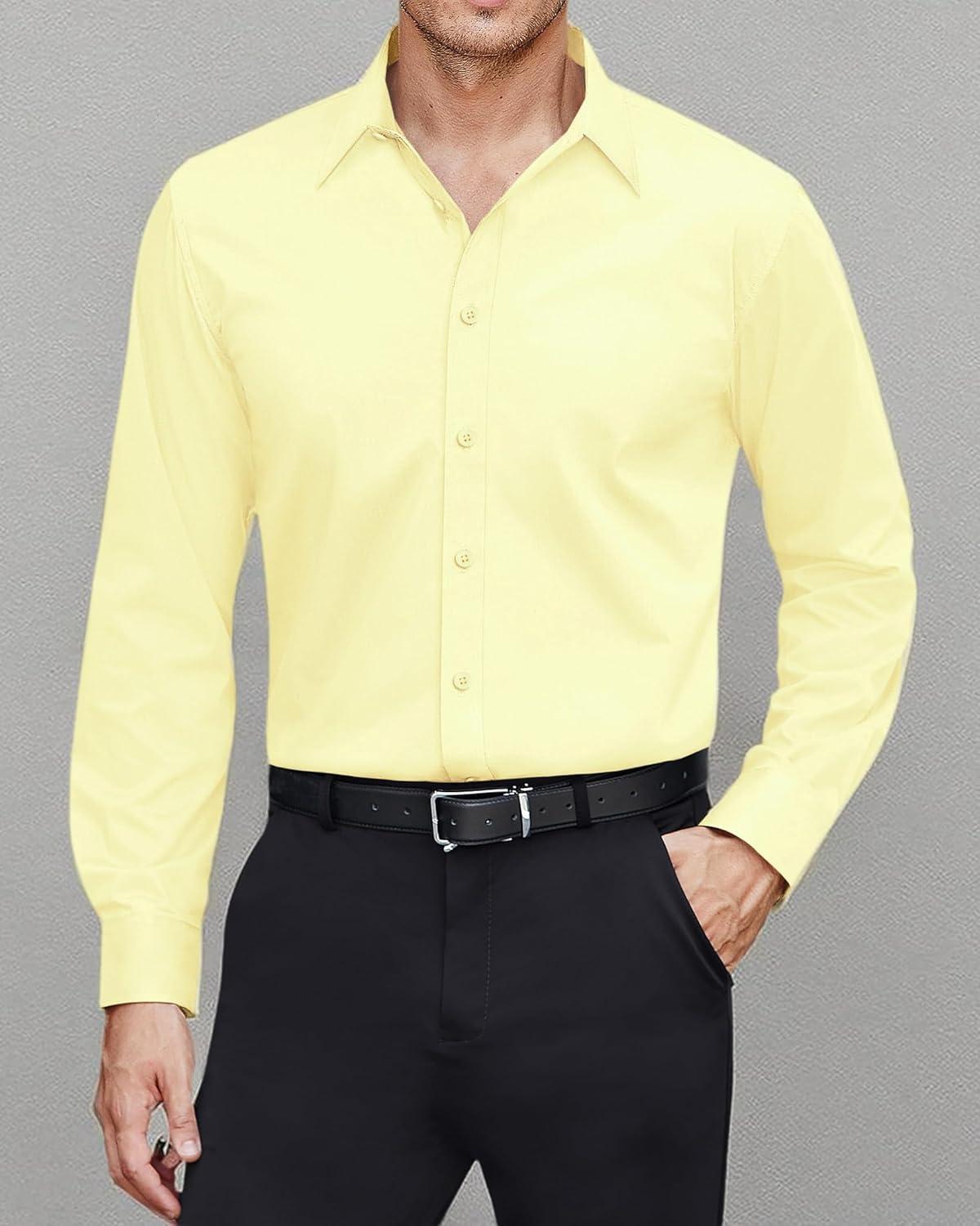 imageJVER Mens Dress Shirts Stretch Stain Shield Long Sleeve Solid Formal Shirt Business Casual Button Down ShirtsLight Yellow