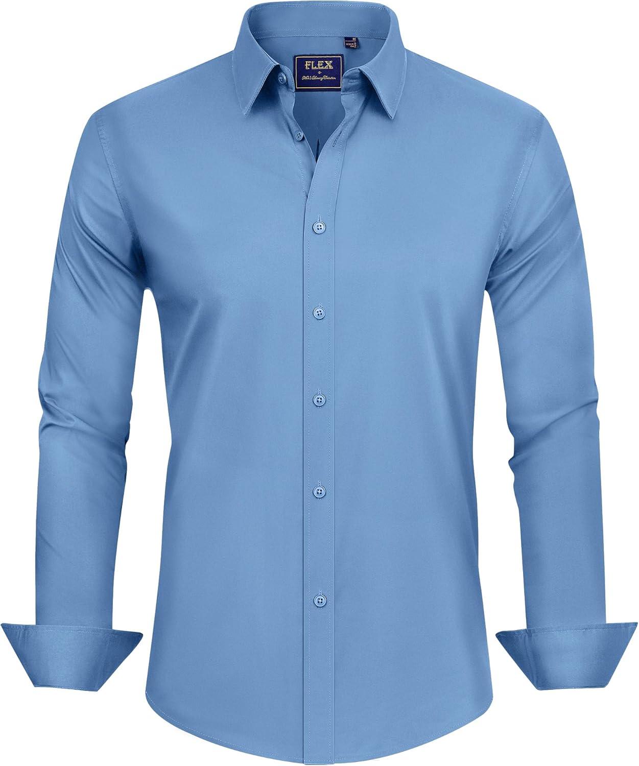 imageJVER Mens Dress Shirts Stretch Stain Shield Long Sleeve Solid Formal Shirt Business Casual Button Down ShirtsMist Blue
