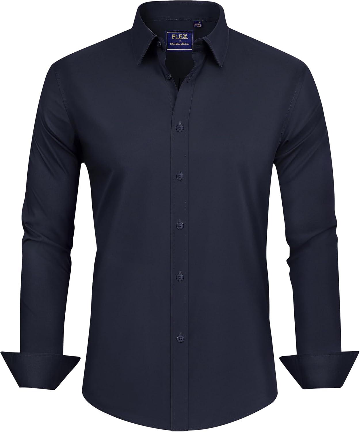 imageJVER Mens Dress Shirts Stretch Stain Shield Long Sleeve Solid Formal Shirt Business Casual Button Down ShirtsNavy Blue