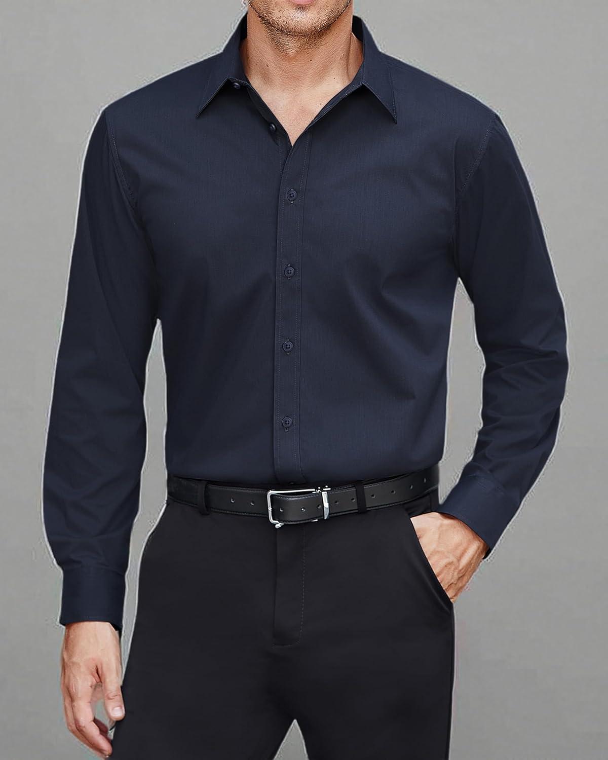 imageJVER Mens Dress Shirts Stretch Stain Shield Long Sleeve Solid Formal Shirt Business Casual Button Down ShirtsNavy Blue