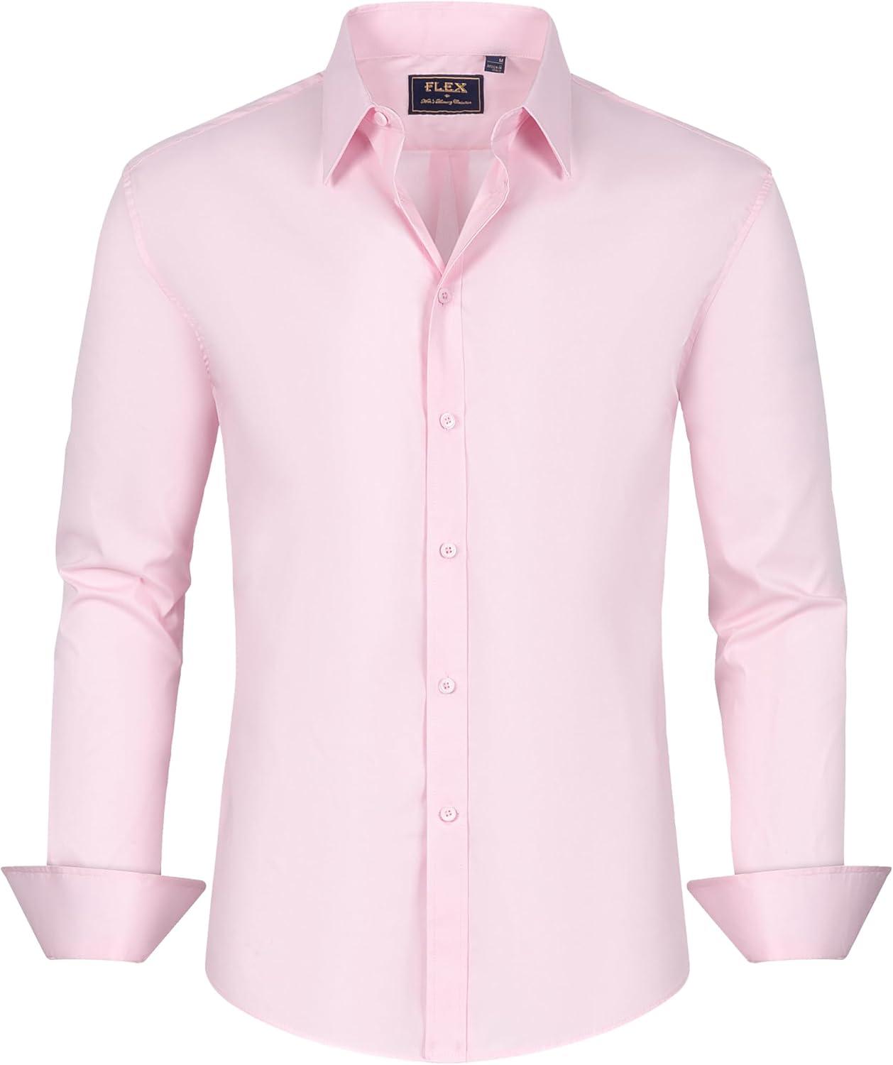 imageJVER Mens Dress Shirts Stretch Stain Shield Long Sleeve Solid Formal Shirt Business Casual Button Down ShirtsPink