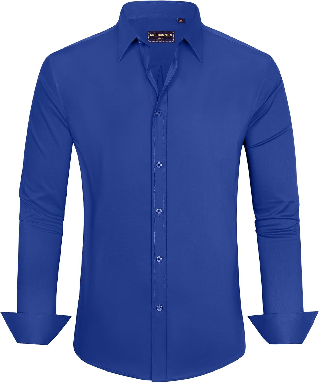 imageJVER Mens Dress Shirts Stretch Stain Shield Long Sleeve Solid Formal Shirt Business Casual Button Down ShirtsRoyal Blue