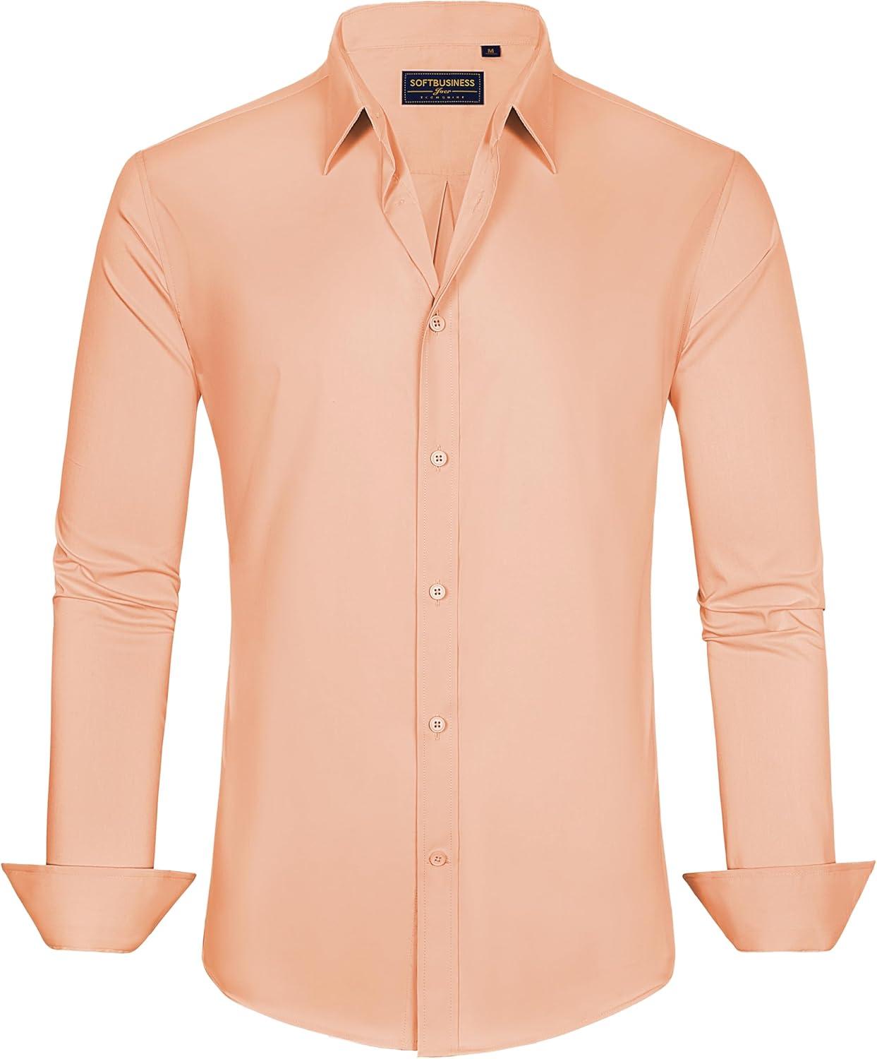 imageJVER Mens Dress Shirts Stretch Stain Shield Long Sleeve Solid Formal Shirt Business Casual Button Down ShirtsScallop