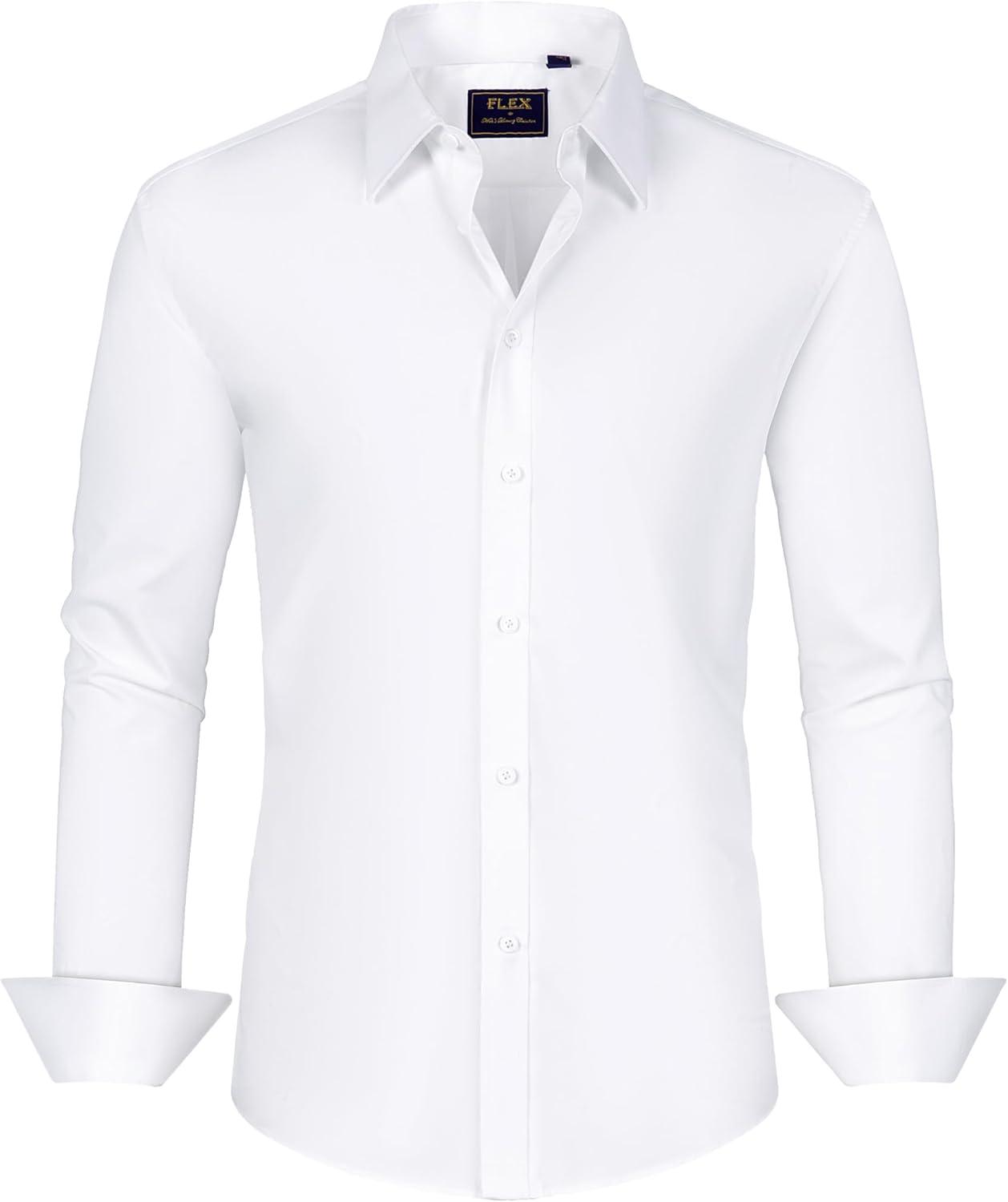 imageJVER Mens Dress Shirts Stretch Stain Shield Long Sleeve Solid Formal Shirt Business Casual Button Down ShirtsWhite