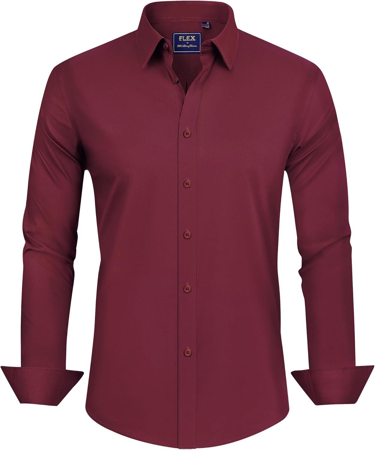 imageJVER Mens Dress Shirts Stretch Stain Shield Long Sleeve Solid Formal Shirt Business Casual Button Down ShirtsWine Red