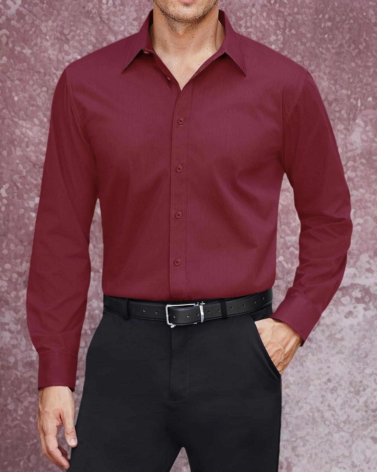 imageJVER Mens Dress Shirts Stretch Stain Shield Long Sleeve Solid Formal Shirt Business Casual Button Down ShirtsWine Red