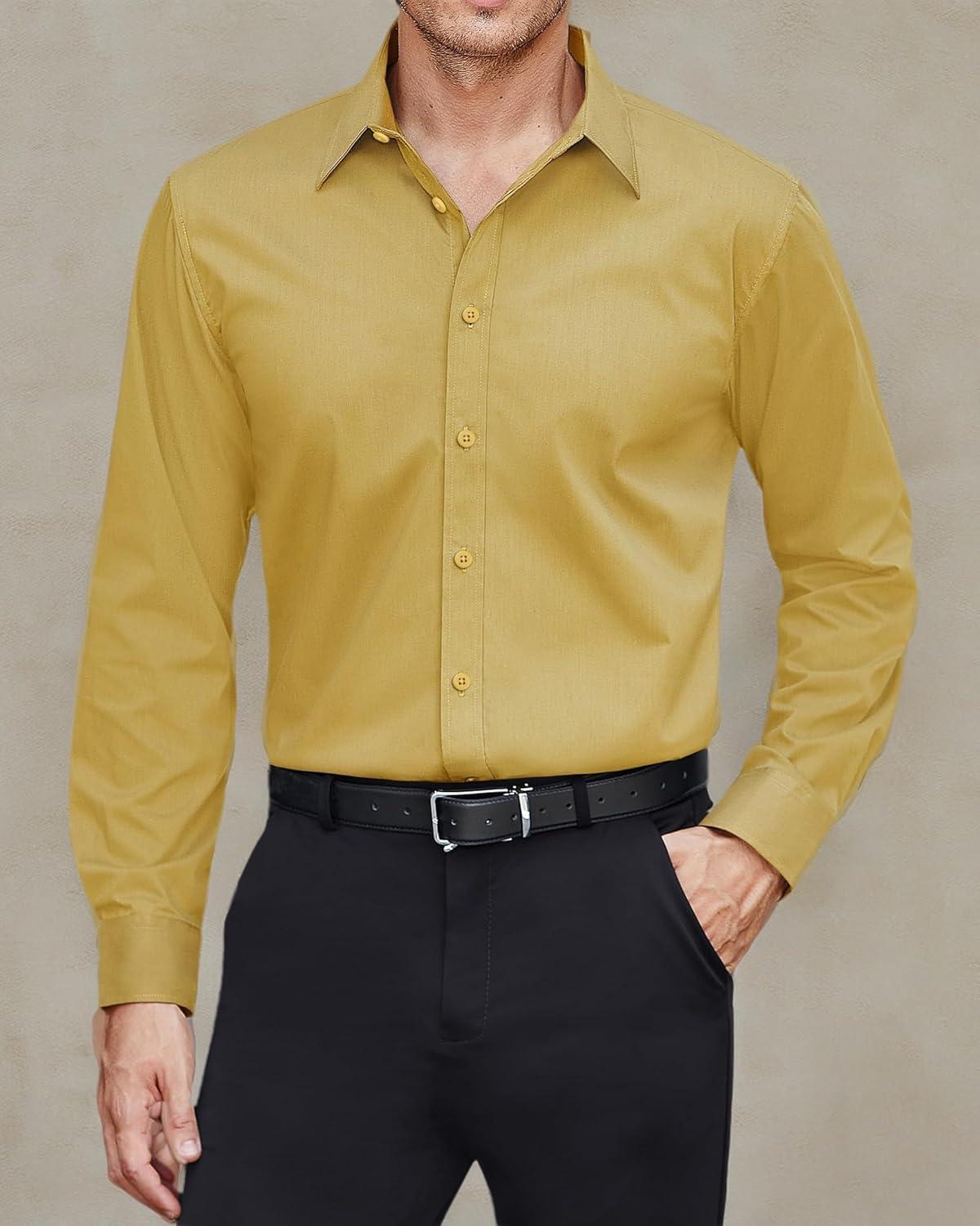 imageJVER Mens Dress Shirts Stretch Stain Shield Long Sleeve Solid Formal Shirt Business Casual Button Down ShirtsYellow