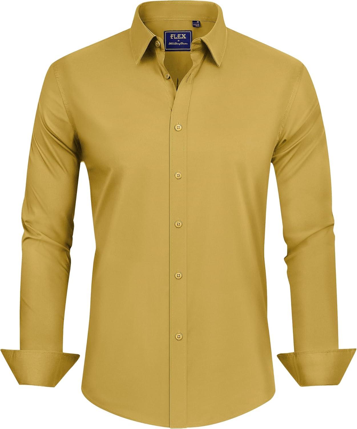 imageJVER Mens Dress Shirts Stretch Stain Shield Long Sleeve Solid Formal Shirt Business Casual Button Down ShirtsYellow