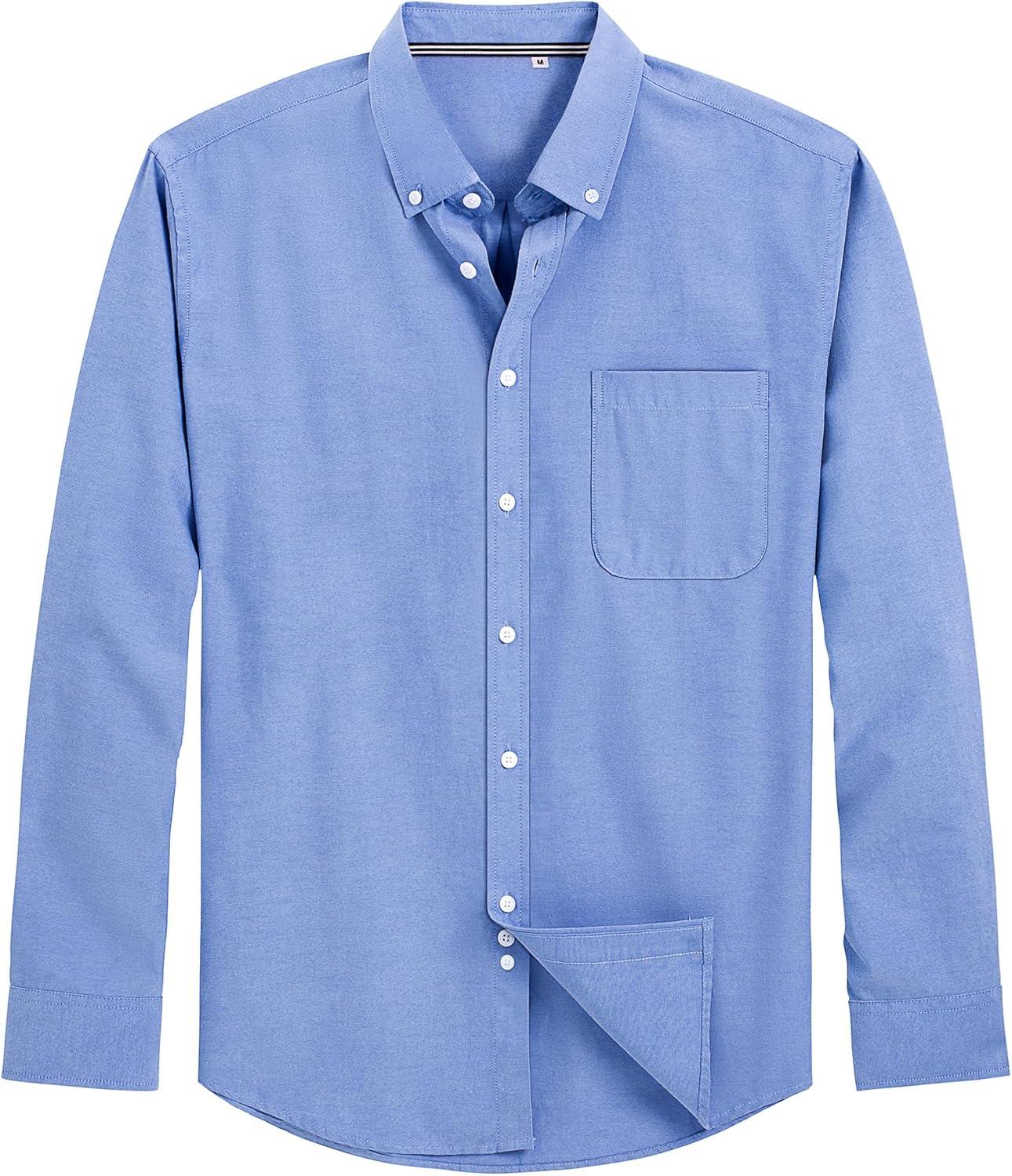 imageJVER Mens Oxford Shirt Solid Casual Button Down Collar Shirts Long Sleeve Dress Shirts with PocketBlue