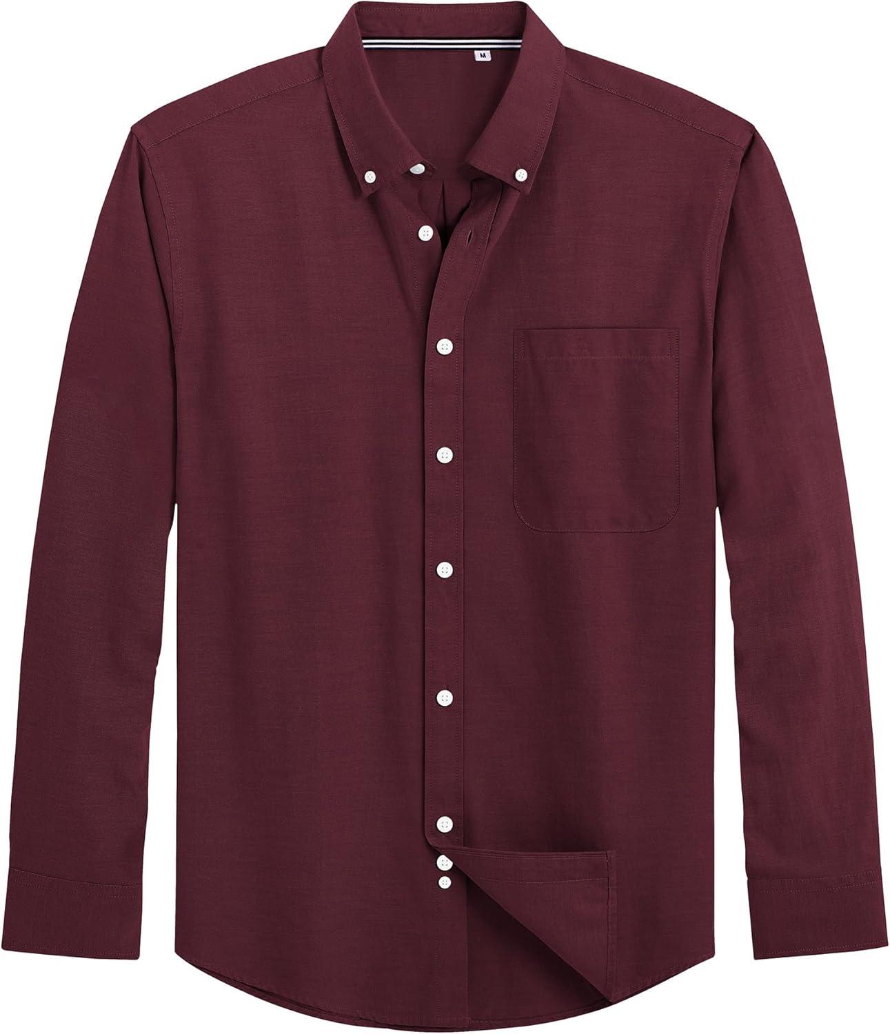 imageJVER Mens Oxford Shirt Solid Casual Button Down Collar Shirts Long Sleeve Dress Shirts with PocketBurgundy