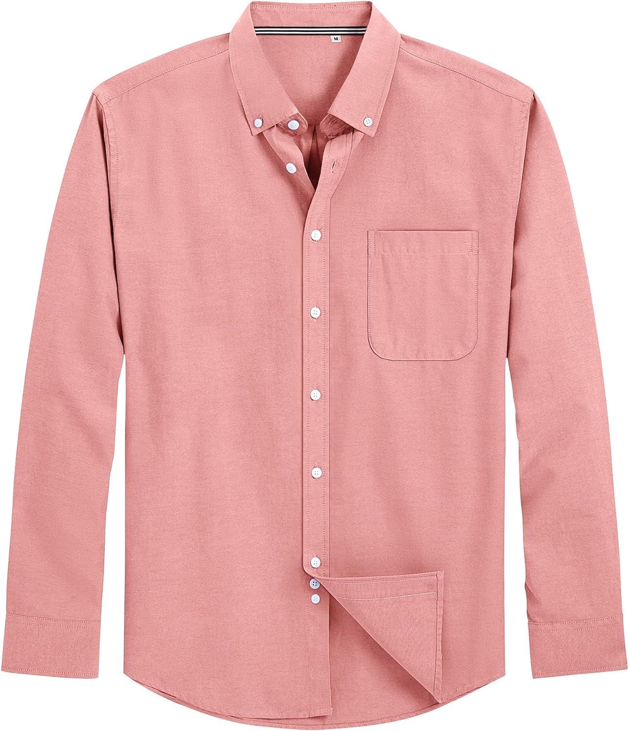 imageJVER Mens Oxford Shirt Solid Casual Button Down Collar Shirts Long Sleeve Dress Shirts with PocketCoral