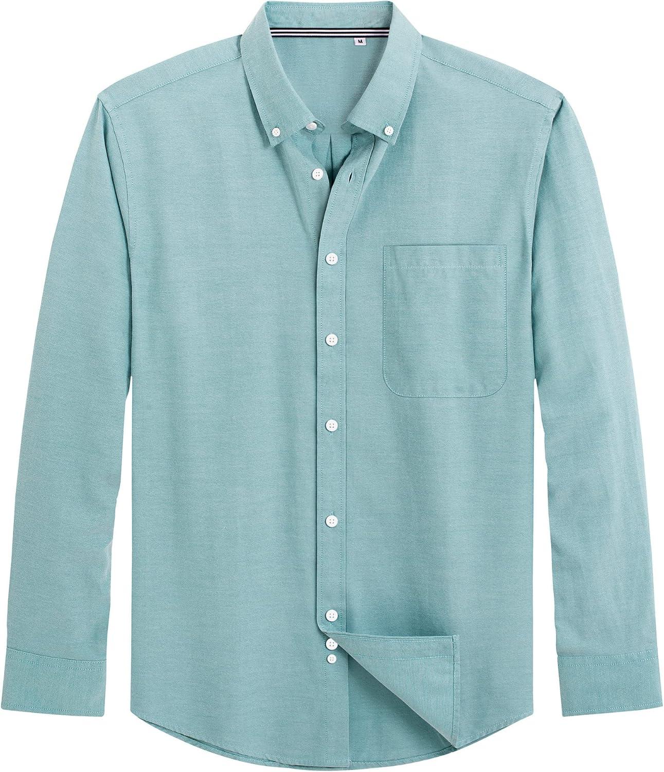 imageJVER Mens Oxford Shirt Solid Casual Button Down Collar Shirts Long Sleeve Dress Shirts with PocketDark Green
