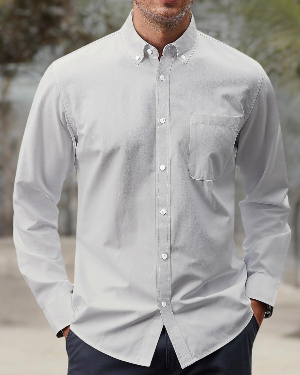 imageJVER Mens Oxford Shirt Solid Casual Button Down Collar Shirts Long Sleeve Dress Shirts with PocketGrey