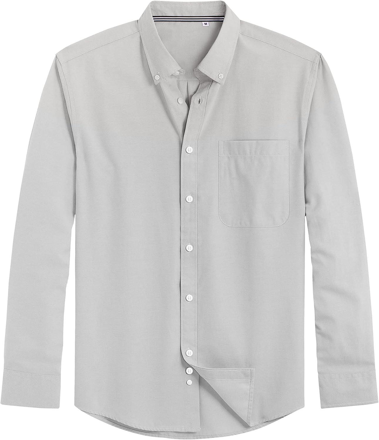 imageJVER Mens Oxford Shirt Solid Casual Button Down Collar Shirts Long Sleeve Dress Shirts with PocketGrey