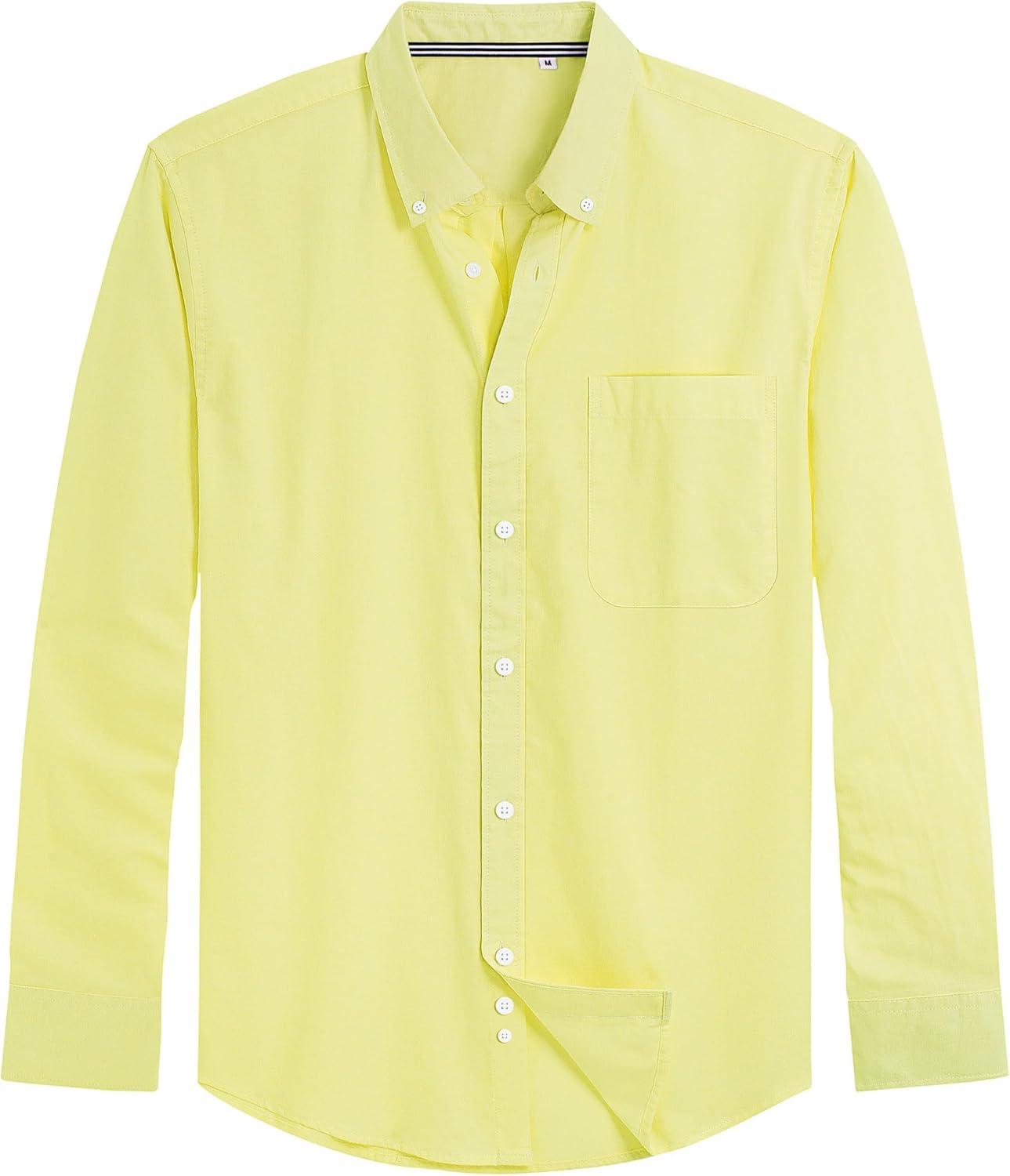 imageJVER Mens Oxford Shirt Solid Casual Button Down Collar Shirts Long Sleeve Dress Shirts with PocketLemon Yellow