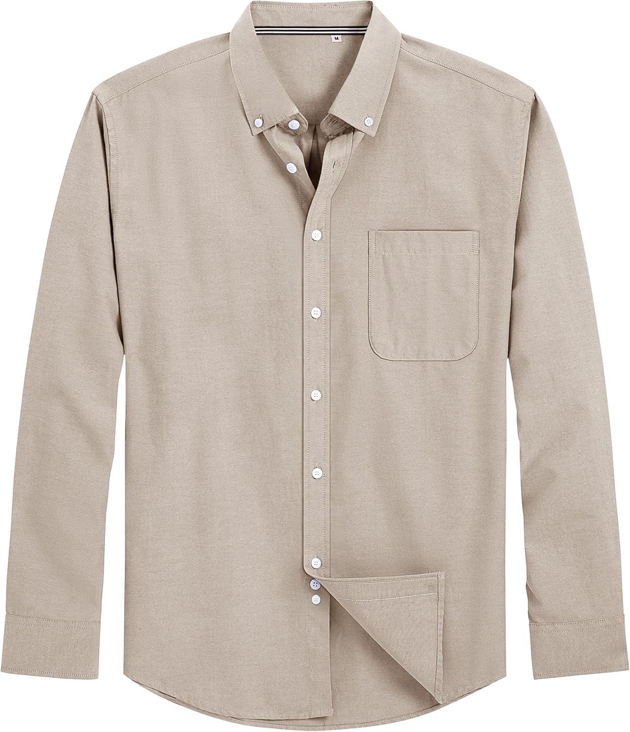 imageJVER Mens Oxford Shirt Solid Casual Button Down Collar Shirts Long Sleeve Dress Shirts with PocketLight Brown