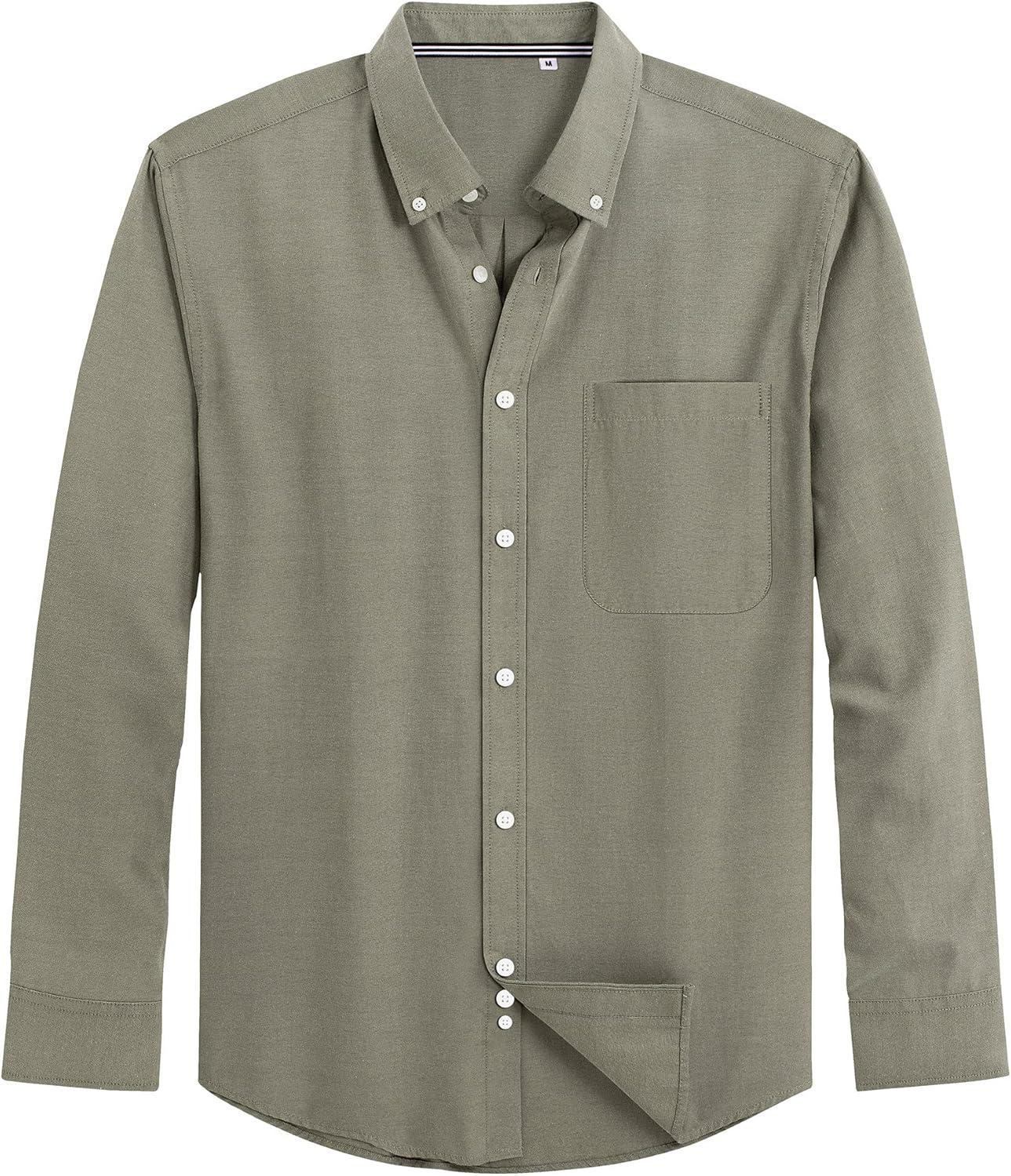 imageJVER Mens Oxford Shirt Solid Casual Button Down Collar Shirts Long Sleeve Dress Shirts with PocketLight Olive Green