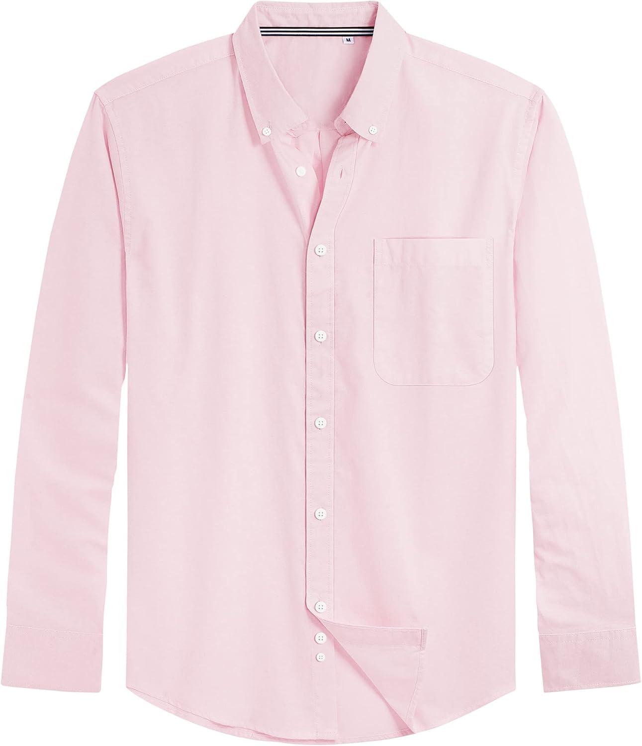 imageJVER Mens Oxford Shirt Solid Casual Button Down Collar Shirts Long Sleeve Dress Shirts with PocketLight Pink