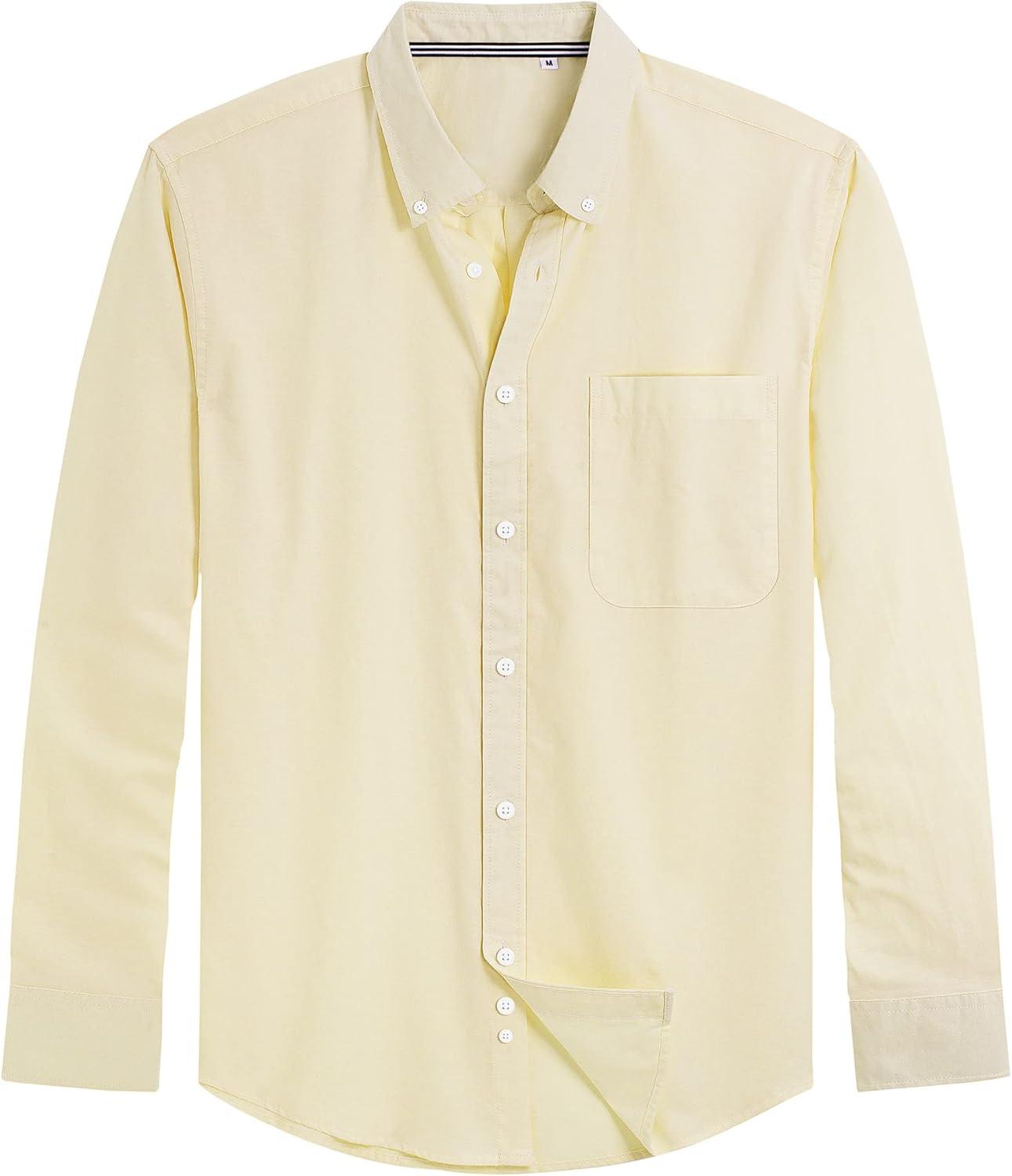 imageJVER Mens Oxford Shirt Solid Casual Button Down Collar Shirts Long Sleeve Dress Shirts with PocketLight Yellow