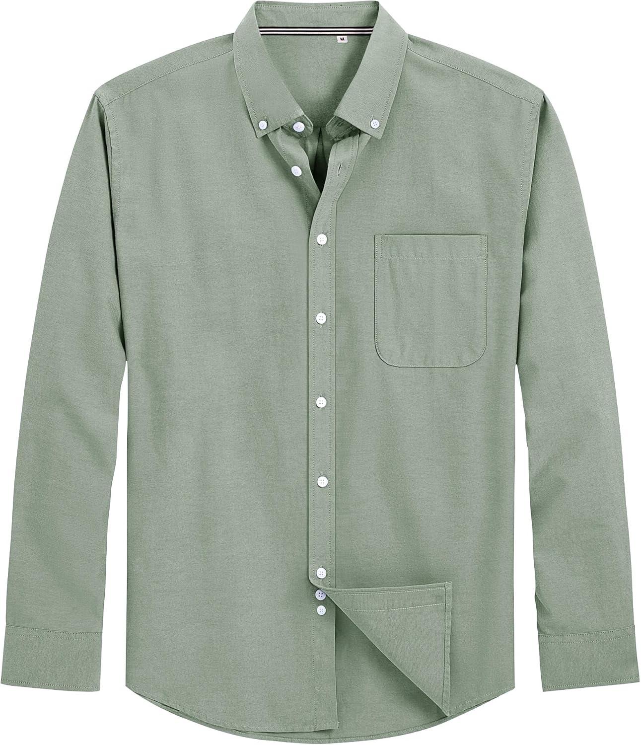 imageJVER Mens Oxford Shirt Solid Casual Button Down Collar Shirts Long Sleeve Dress Shirts with PocketSage Green