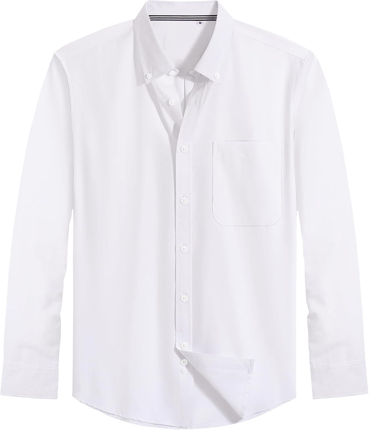 imageJVER Mens Oxford Shirt Solid Casual Button Down Collar Shirts Long Sleeve Dress Shirts with PocketWhite