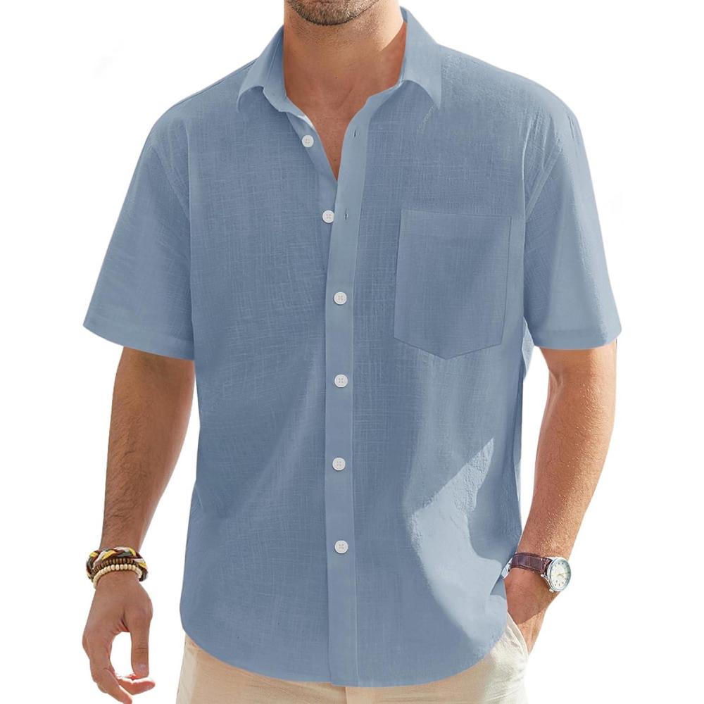 imageJVER Mens Cotton Linen Short Sleeve Shirts Casual Lightweight Button Down Shirts Vacation Beach Summer Tops with PocketAiry Blue