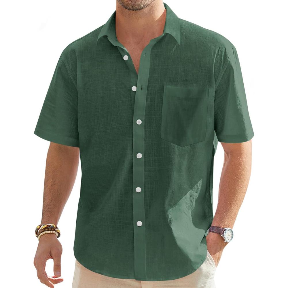 imageJVER Mens Cotton Linen Short Sleeve Shirts Casual Lightweight Button Down Shirts Vacation Beach Summer Tops with PocketArmy Green