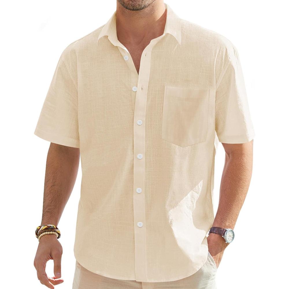 imageJVER Mens Cotton Linen Short Sleeve Shirts Casual Lightweight Button Down Shirts Vacation Beach Summer Tops with PocketBeige