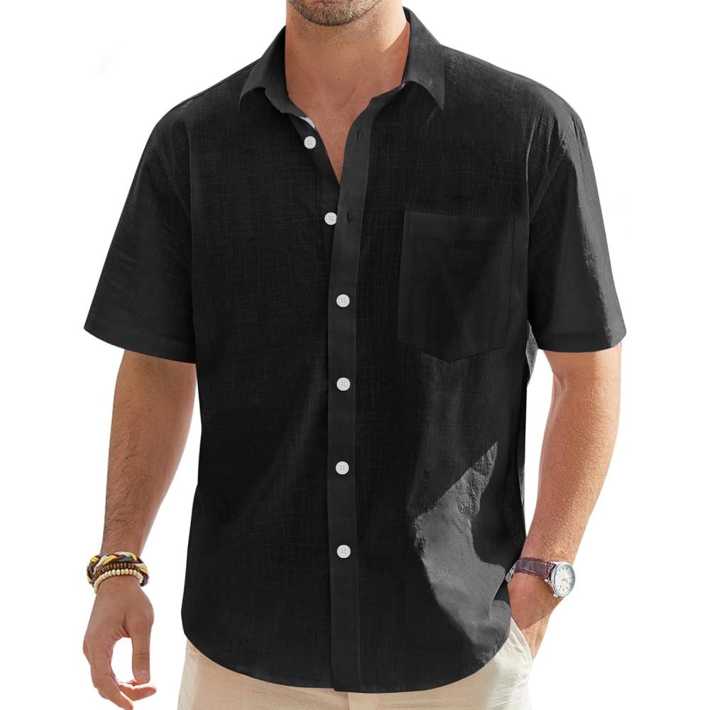 imageJVER Mens Cotton Linen Short Sleeve Shirts Casual Lightweight Button Down Shirts Vacation Beach Summer Tops with PocketBlack