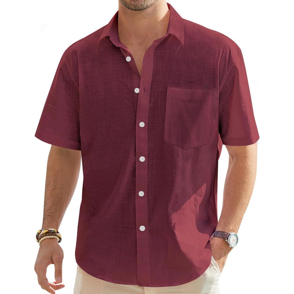 imageJVER Mens Cotton Linen Short Sleeve Shirts Casual Lightweight Button Down Shirts Vacation Beach Summer Tops with PocketBurgundy