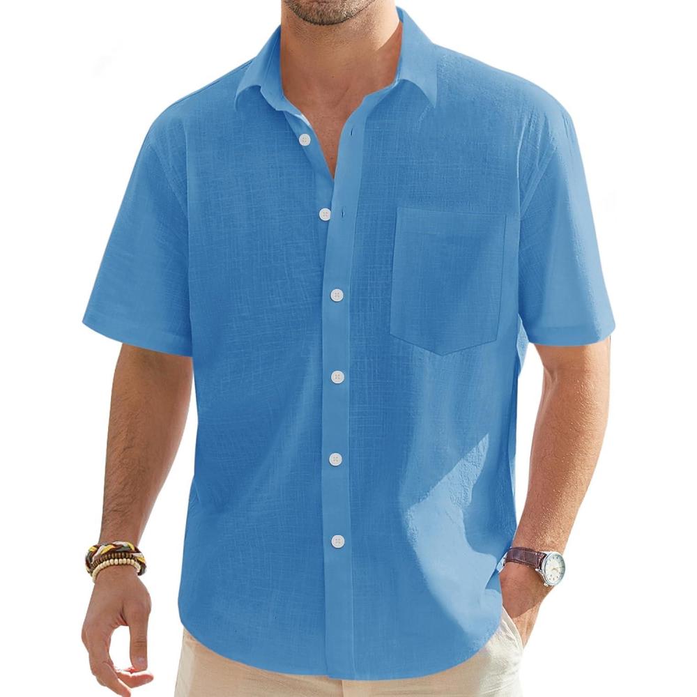 imageJVER Mens Cotton Linen Short Sleeve Shirts Casual Lightweight Button Down Shirts Vacation Beach Summer Tops with PocketCobalt Blue