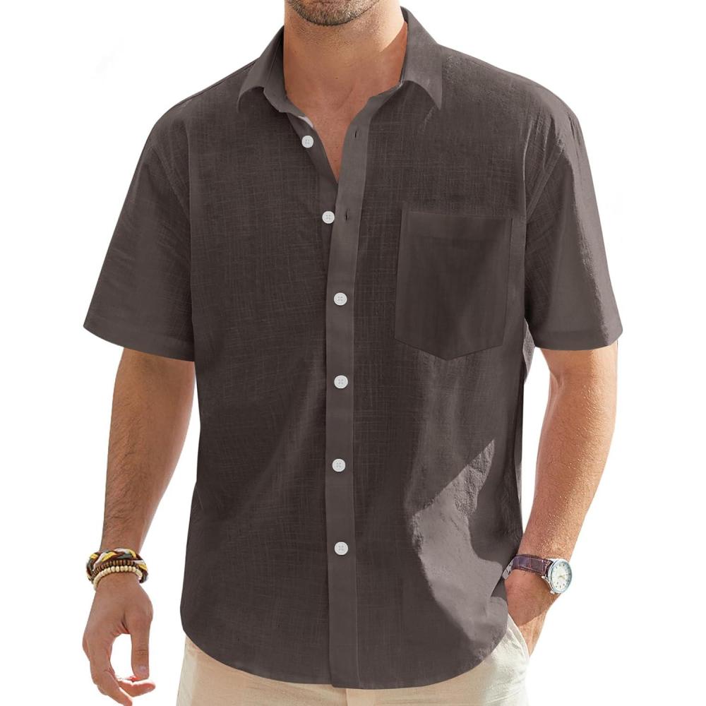 imageJVER Mens Cotton Linen Short Sleeve Shirts Casual Lightweight Button Down Shirts Vacation Beach Summer Tops with PocketCoffee