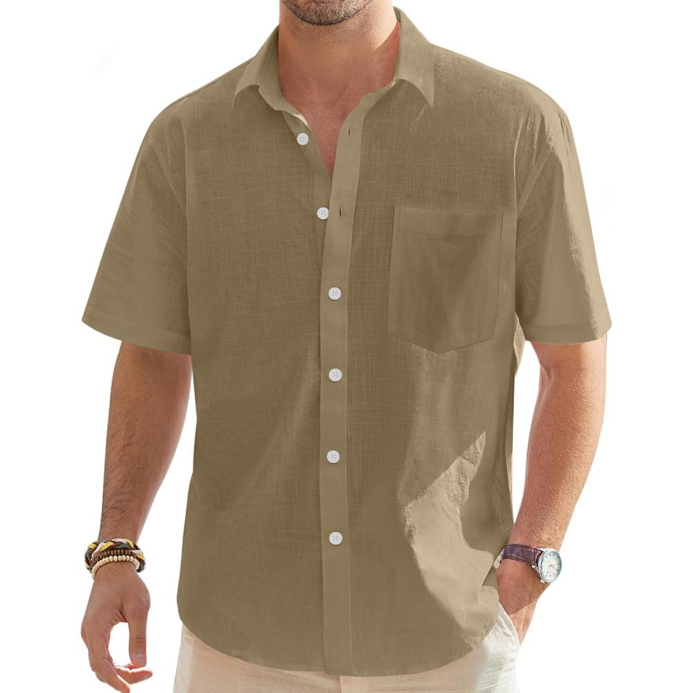 imageJVER Mens Cotton Linen Short Sleeve Shirts Casual Lightweight Button Down Shirts Vacation Beach Summer Tops with PocketDark Khaki
