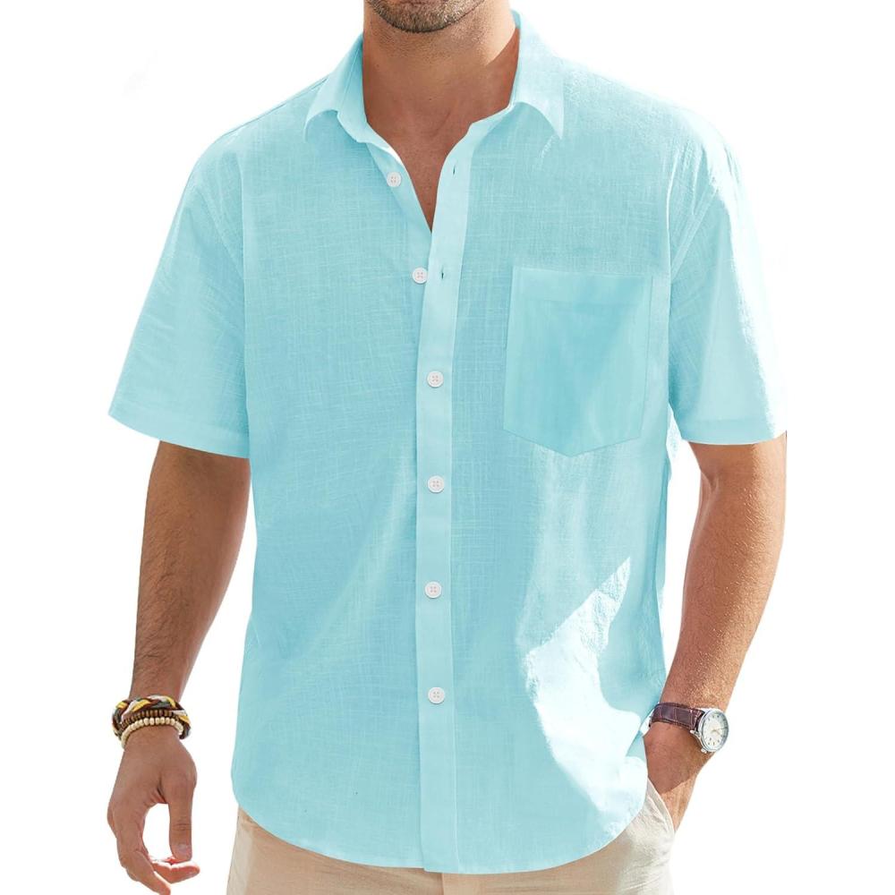 imageJVER Mens Cotton Linen Short Sleeve Shirts Casual Lightweight Button Down Shirts Vacation Beach Summer Tops with PocketFluorescent Blue