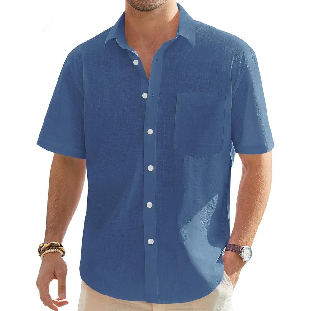 imageJVER Mens Cotton Linen Short Sleeve Shirts Casual Lightweight Button Down Shirts Vacation Beach Summer Tops with PocketGrey Blue