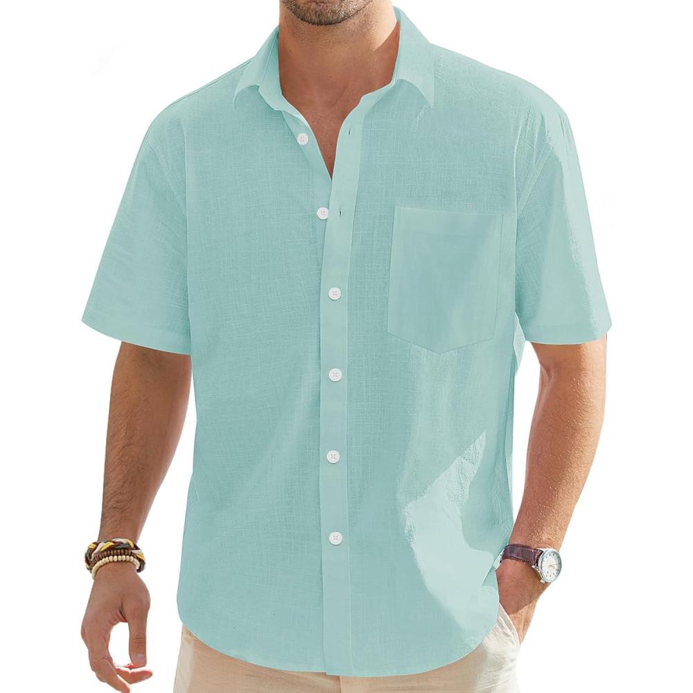 imageJVER Mens Cotton Linen Short Sleeve Shirts Casual Lightweight Button Down Shirts Vacation Beach Summer Tops with PocketGrey Green
