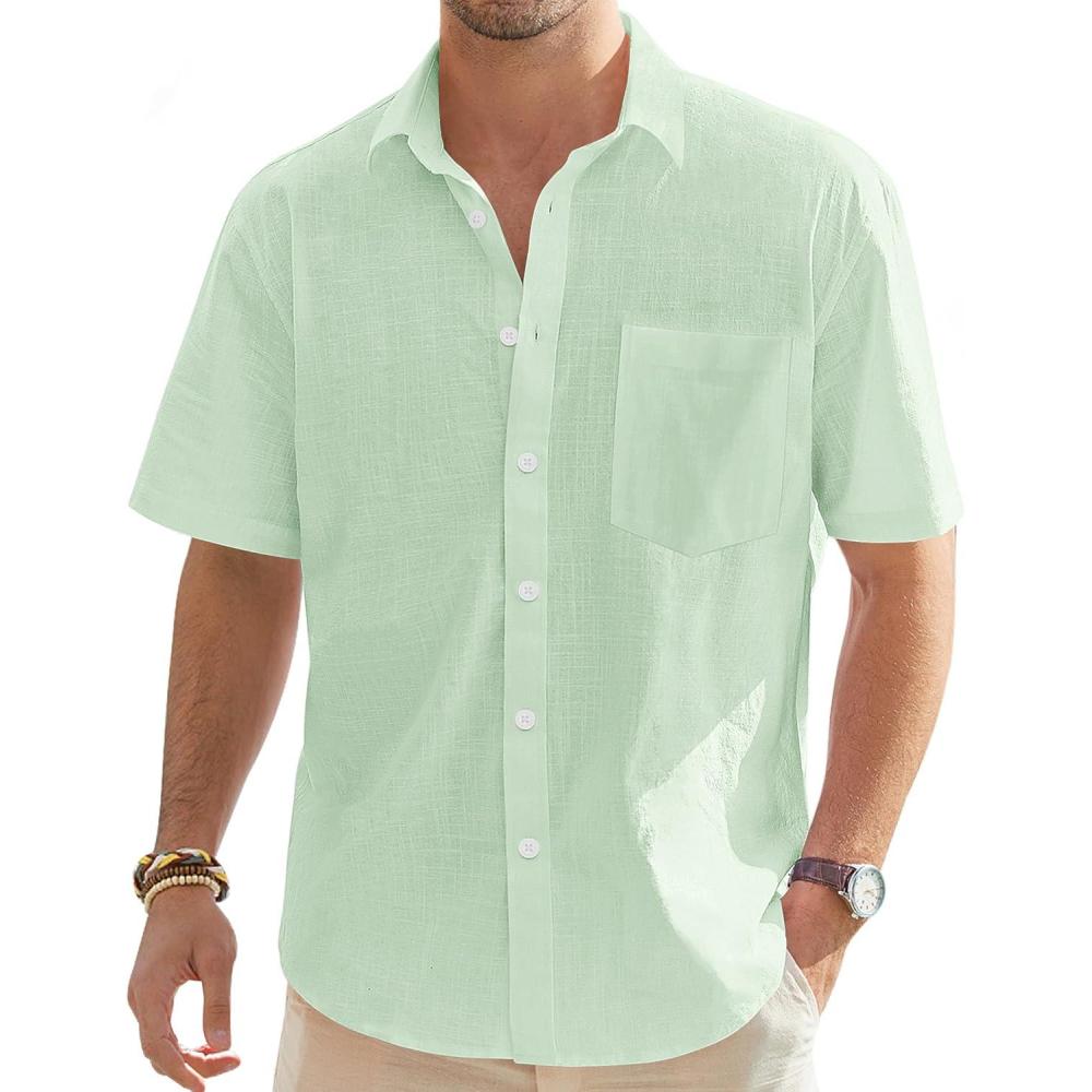 imageJVER Mens Cotton Linen Short Sleeve Shirts Casual Lightweight Button Down Shirts Vacation Beach Summer Tops with PocketLight Green