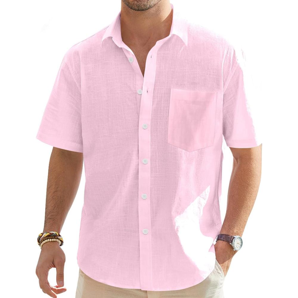 imageJVER Mens Cotton Linen Short Sleeve Shirts Casual Lightweight Button Down Shirts Vacation Beach Summer Tops with PocketLight Pink