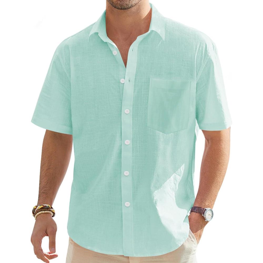 imageJVER Mens Cotton Linen Short Sleeve Shirts Casual Lightweight Button Down Shirts Vacation Beach Summer Tops with PocketMint Green