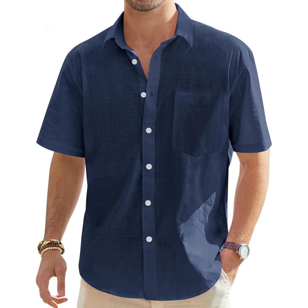 imageJVER Mens Cotton Linen Short Sleeve Shirts Casual Lightweight Button Down Shirts Vacation Beach Summer Tops with PocketNavy Blue