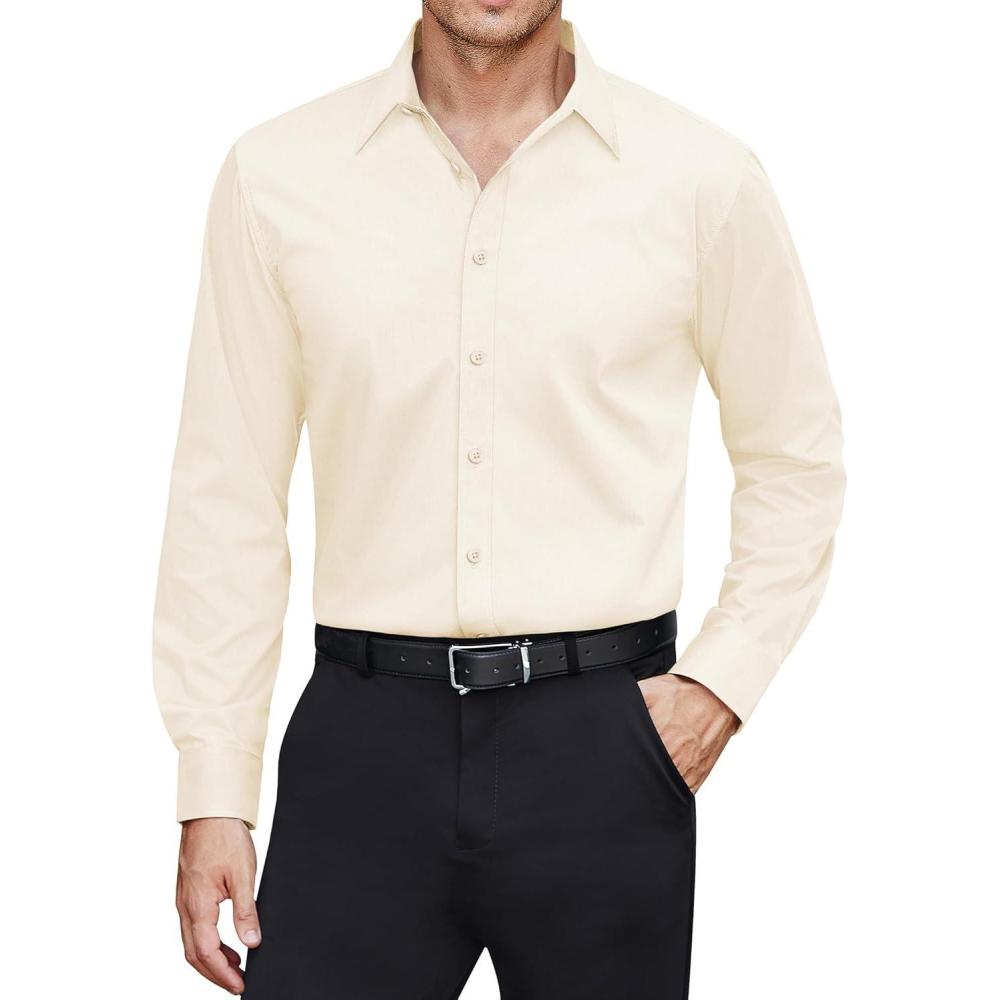 imageJVER Mens Dress Shirts Stretch Stain Shield Long Sleeve Solid Formal Shirt Business Casual Button Down ShirtsBeige