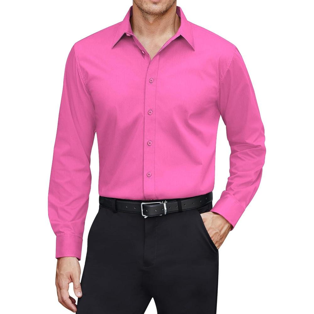 imageJVER Mens Dress Shirts Stretch Stain Shield Long Sleeve Solid Formal Shirt Business Casual Button Down ShirtsHot Pink