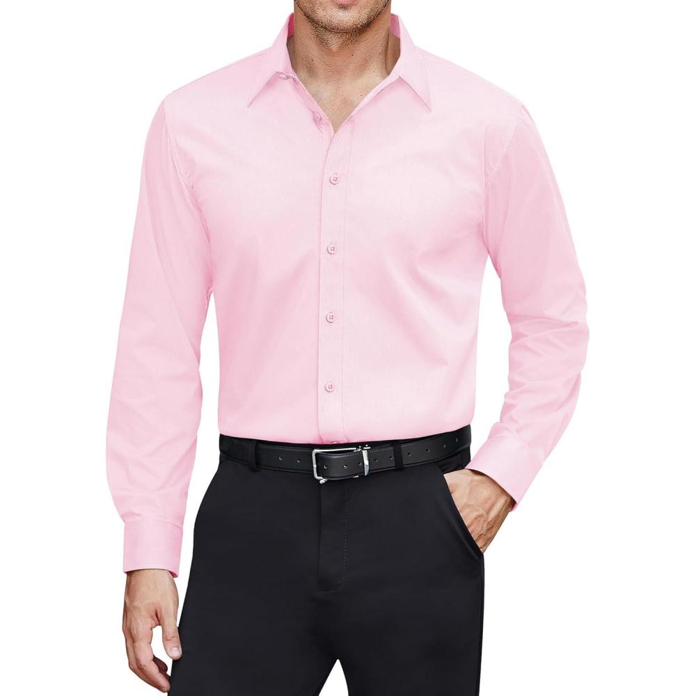 imageJVER Mens Dress Shirts Stretch Stain Shield Long Sleeve Solid Formal Shirt Business Casual Button Down ShirtsPink