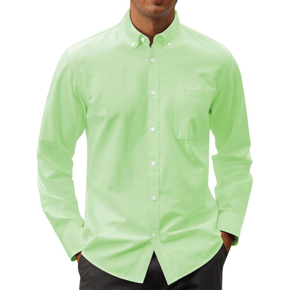 imageJVER Mens Oxford Shirt Solid Casual Button Down Collar Shirts Long Sleeve Dress Shirts with PocketBright Green